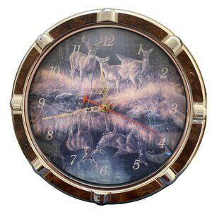 Deer-Themed Quartz Wall Clock With Gold & Wood Finish Frame